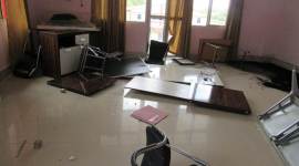 The students not only vandalised the window panes of the office buildings, but also computers, chairs. (Express photo/Jimmy Leivon)