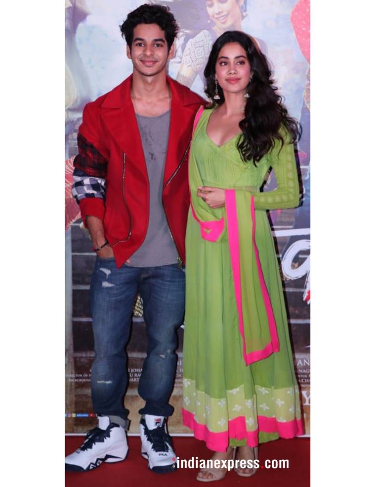 Dhadak trailer launch, Janhvi Kapoor, Janhvi Kapoor dhadak, Janhvi Kapoor latest photos, Janhvi Kapoor fashion, Janhvi Kapoor anarkali green suit, Janhvi Kapoor green suit designer, khushi kapoor dhadak trailer, indian express, indian express news