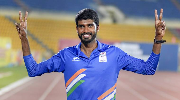 KeralaÂs Jinson Johnson celebrates after creating a national record in the men's 800m run during the 58th National Inter-State Senior Athletic Championships 2018 at Indira Gandhi Athletic Stadium, in Guwahati