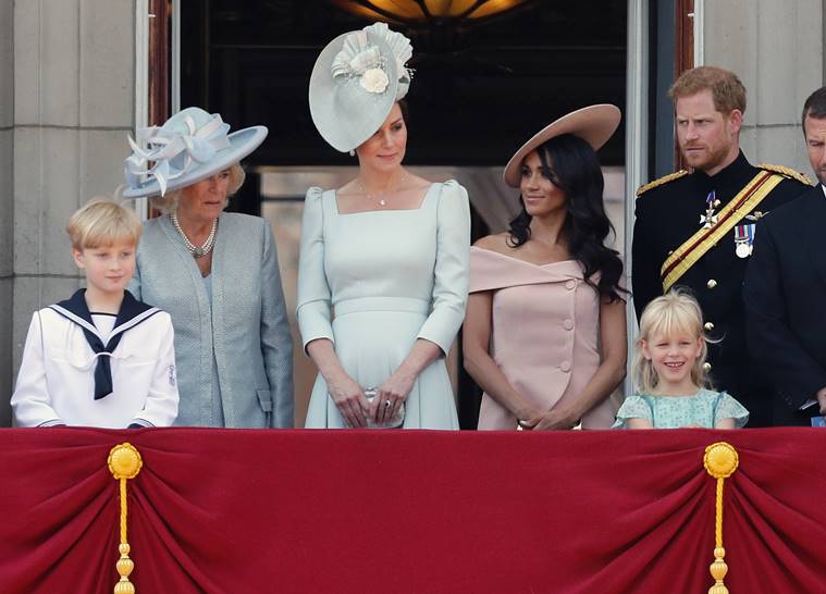 Meghan Markle trooping the colour, kate middleton trooping the colour, meghan markle queen elizabeth's birthday parade, kate middleton queen elizabeth's birthday parade, meghan markle fashion, meghan markle latest photos, indian express, indian express news