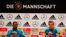 Germany’s Jerome Boateng and Toni Kroos during the press conference in Moscow