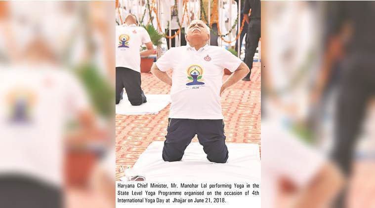 CM M L Khattar does yoga in Jhajjar Thursday. (Express photo)