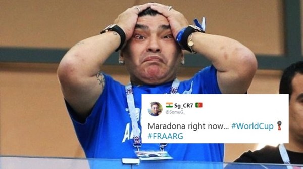 France vs Argentina, France vs Argentina score, maradona, maradona reactions, Fifa world cup, fifa world cup 2018, Fifa world cup final 16, Argentina score, Messi goal. goals scored messi, sports news, indian express, indian express,