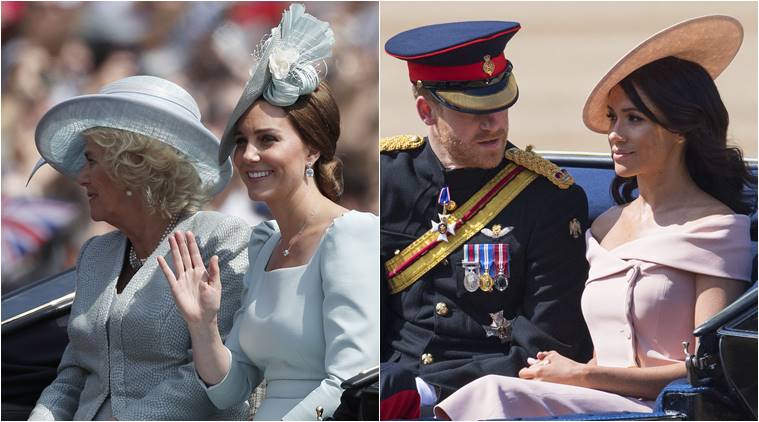 Meghan Markle trooping the colour, kate middleton trooping the colour, meghan markle queen elizabeth's birthday parade, kate middleton queen elizabeth's birthday parade, meghan markle fashion, meghan markle latest photos, indian express, indian express news
