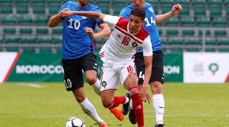Soccer Football - International Friendly - Estonia vs Morocco - A. Le Coq Arena, Tallinn, Estonia - June 9, 2018   Morocco's Amine Harit in action with Estonia's Sergei Zenjov and Konstantin Vassiljev     REUTERS/Ints Kalnins