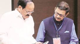 Vice President Naidu with Prasar Bharati chairman A Surya Prakash at the release of Prakash’s book on Monday. (Express photo/Amit Mehra)