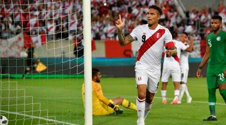 Peru's Paolo Guerrero celebrates after scoring during a friendly soccer match between Saudi Arabia and Peru in kybunpark stadium, St. Gallen, Switzerland,  on Sunday, June 3, 2018. (Gian Ehrenzeller/Keystone via AP)
