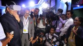 Finance Minister Piyush Goyal inspects a VR for an advanced cycling simulation application. (Express photo by Nirmal Harindran)