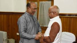 Manipur Chief Minister N Biren Singh met Union Minister Pratap Shukla in Imphal on Monday. (Express photo)