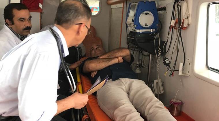 Deputy Chief Minister Manish Sisodia being taken to hospital on Monday. (Express photo)