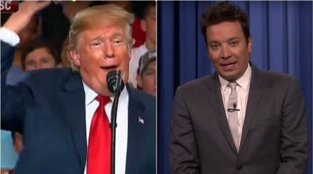 Donald Trump (left) mocking Jimmy Fallon at a rally, Jimmy Fallon (right) responding to Trump's tweet