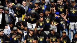 The Golden State Warriors celebrate after defeating the Cleveland Cavaliers in game four of the 2018 NBA Finals at Quicken Loans Arena.