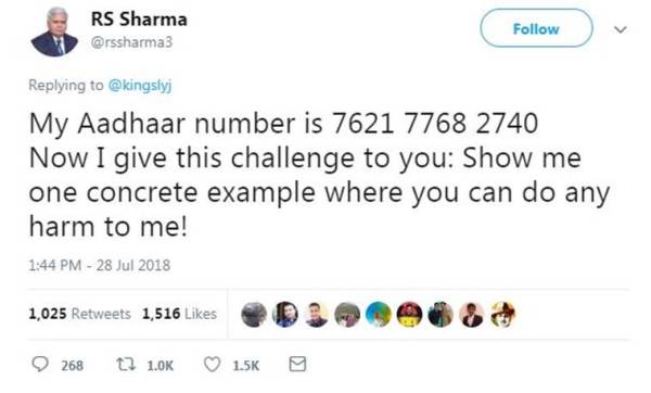 TRAI chairman tweets Aadhaar number, with a challenge