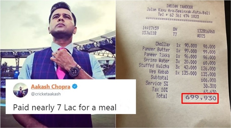   aakash chopra, aakash chopra 7 lake restaurant bill, aakash chopra twitter, aakash chopra cricket, aakash chopra bali, aakash chopra restaurant bill, aakash chopra 7 lakh bill, indian express, indian express news 