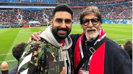   Amitabh and Abhishek Bachchan enjoy the FIFA World Cup semi-final in Russia 