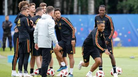 Belgium's Youri Tielemans, right, runs during a training session on the eve of the semifinal against France at the 2018 soccer World Cup in Moscow, Russia, Monday, July 9, 2018. (AP Photo/Alexander Zemlianichenko)