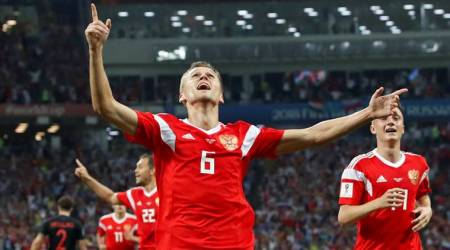 Soccer Football - World Cup - Quarter Final - Russia vs Croatia - Fisht Stadium, Sochi, Russia - July 7, 2018  Russia's Denis Cheryshev celebrates scoring their first goal   REUTERS/Maxim Shemetov