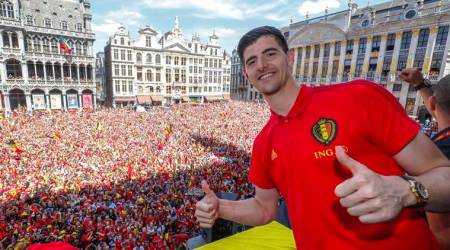 Brussels : Belgian soccer team player Thibaut Courtois reacts on the balcony of the city hall at the Grand Place in Brussels, Sunday, July 15, 2018. Belgium placed third in the World Cup 2018. AP/ PTI(AP7_15_2018_000259A)