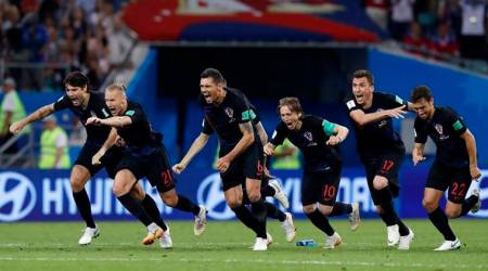 Croatia national soccer team players celebrate after winning the quarterfinal match between Russia and Croatia at the 2018 soccer World Cup in the Fisht Stadium, in Sochi, Russia, Saturday, July 7, 2018. (AP Photo/Manu Fernandez)
