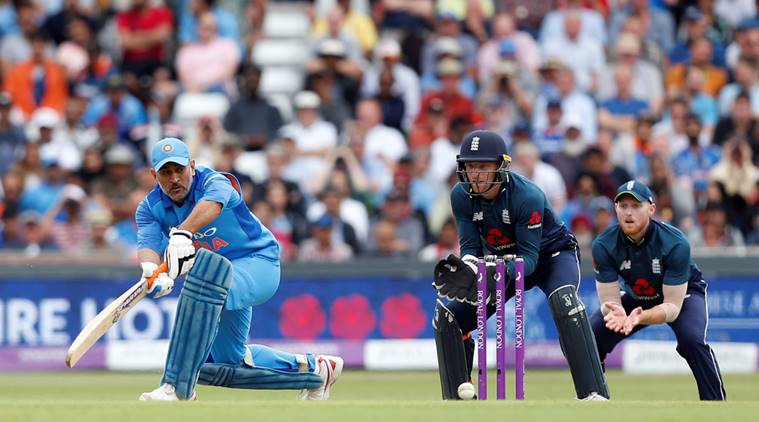   MS Dhoni of India in action against England at the Third ODI at Headingley in Leeds 