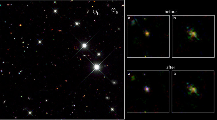   Primitive galaxies, NASA's Hubble telescope , University of Melbourne, distant galaxies, redshift, stellar models, young galaxies, constellations 