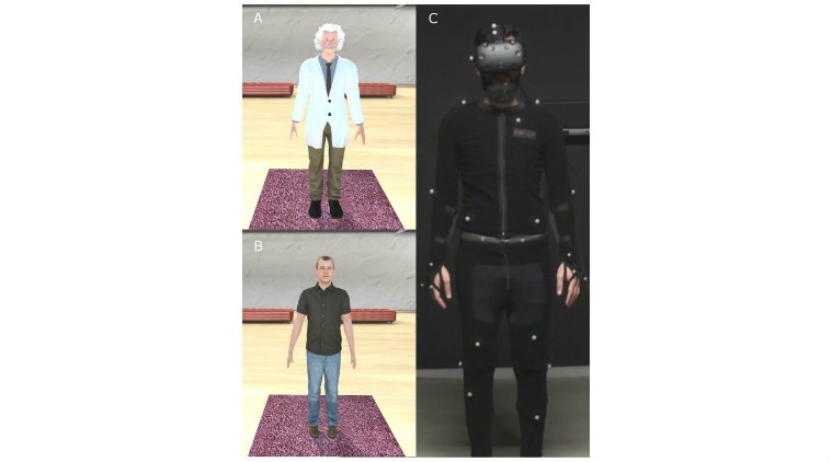 Einstein VR avatar, virtual reality form, University of Barcelona, cognition abilities, VR headset, self-esteem issues, virtual embodiment, Einstein body, cognitive tasks, body-tracking suit