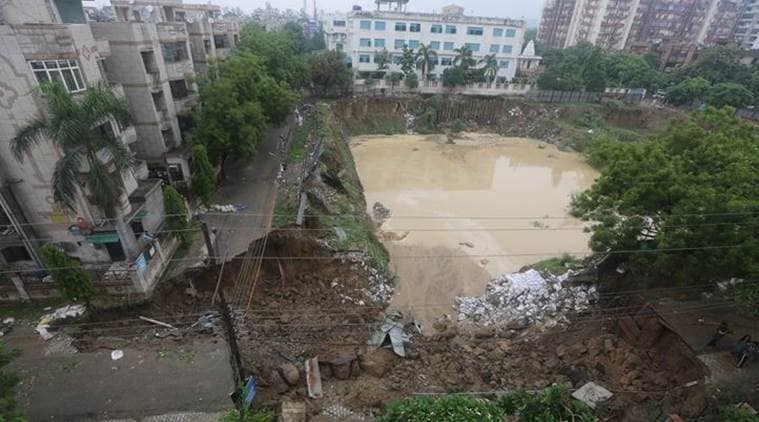 ghaziabad, ghaziabad road caves in, ghaziabad road collapse, ghaziabad rains, delhi ncr rains, delhi rainfall, delhi weather, delhi monsoon, indian express news