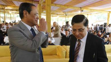 Justice Ranjan Gogoi with CJI Dipak Misra at a farewell function for Justice A K Goel in New Delhi.  (Express Photo by Anil Sharma)