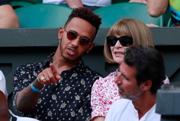 Lewis Hamilton and Anna Wintour sit in the player's box of Serena Williams during the women's singles final match between Serena Williams of the US and Angelique Kerber of Germany at the Wimbledon Tennis Championships