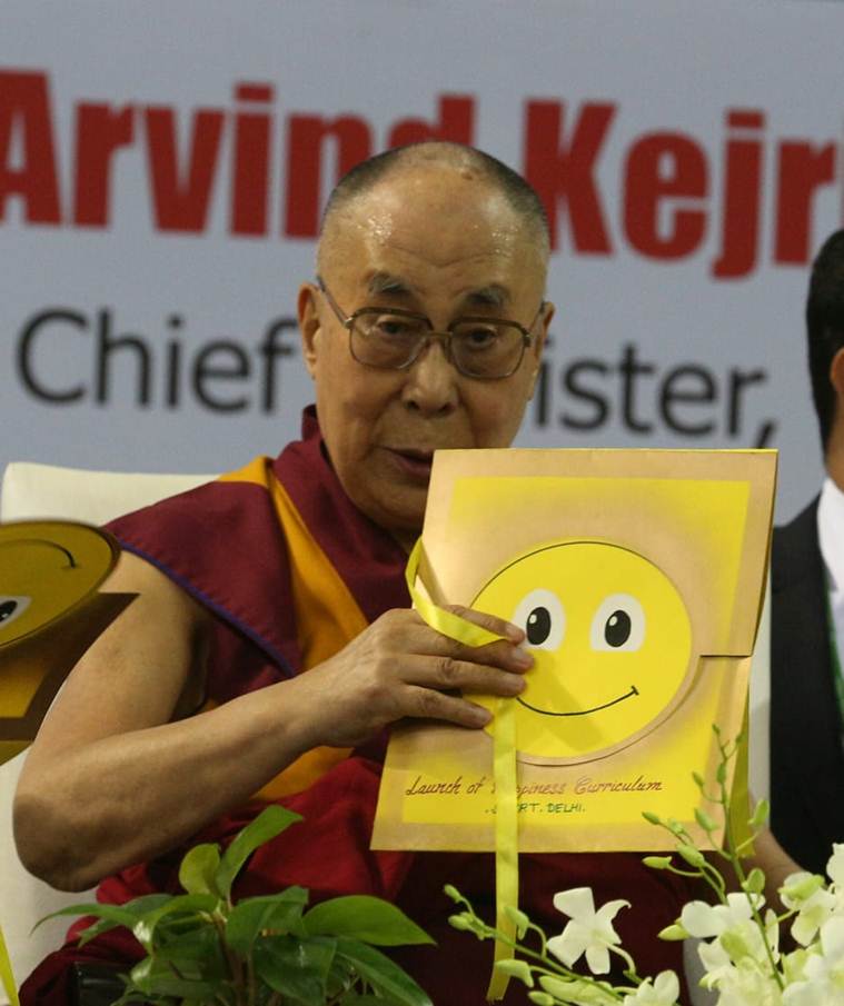 The Dalai Lama congratulated the Delhi government for its initiative to introduce the curriculum in schools. (Express photo by Amit Mehra)