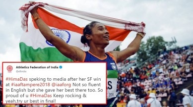 hima das. hima das gold, hima das track gold, hima das athletics, hima das athletics gold, hima das gold Twitter reactions, Hima Das english, Hima Das Athletics Federation English comment, Indian express, Indian express news