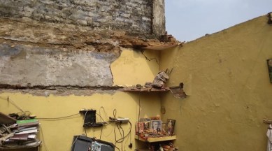 The roof of a house collapsed in Dwarka’s Hari Vihar area on Sunday deu to incessant rains. (Express photo)