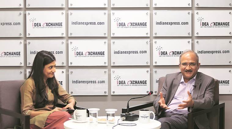 IIT-Delhi Director V Ramgopal Rao with Senior Assistant Editor Ritika Chopra in The Indian Express newsroom. (Express photo/Gajendra Yadav)