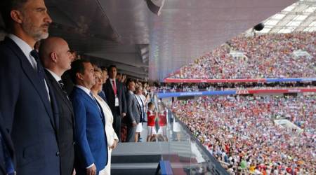 Soccer Football - World Cup - Round of 16 - Spain vs Russia - Luzhniki Stadium, Moscow, Russia - July 1, 2018. Russia's Prime Minister Dmitry Medvedev and his wife Svetlana, FIFA President Gianni Infantino and Spain's King Felipe VI are seen in the stands before the match. Sputnik/Dmitry Astakhov/Kremlin via REUTERS  ATTENTION EDITORS - THIS IMAGE WAS PROVIDED BY A THIRD PARTY.