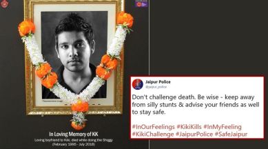 kiki challenge, drake in my feelings, do the shiggy, keke challenege, jaipur police, keke challenge fails, kiki challenge accident, police social media post, indian express,