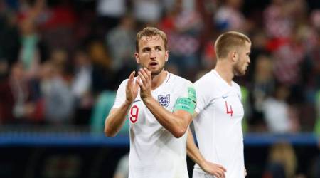 England's Harry Kane reacts at the end of the semifinal match between Croatia and England at the 2018 soccer World Cup in the Luzhniki Stadium in Moscow, Russia, Wednesday, July 11, 2018. (AP Photo/Rebecca Blackwell)