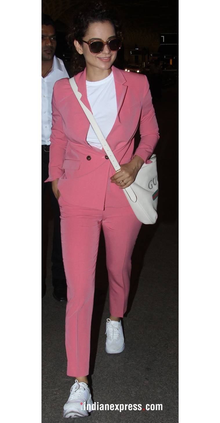 Kangana Ranaut, Kangana Ranaut latest photos, Kangana Ranautfashion, Kangana Ranaut airport looks, Kangana Ranaut airport style, Kangana Ranaut pink pantsuit, indian express, indian express news