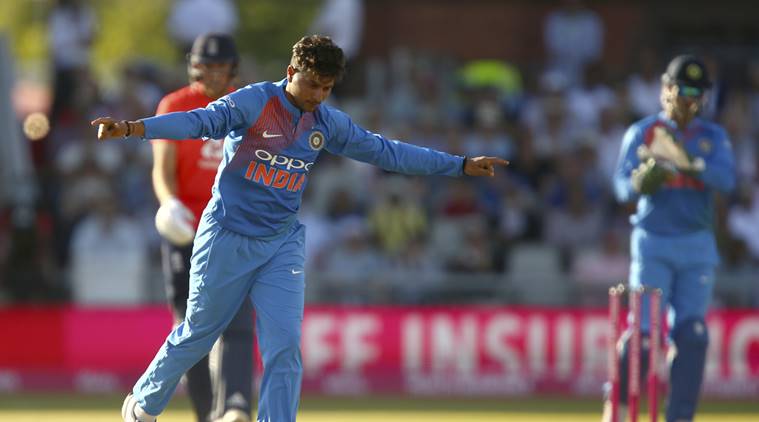   Kuldeep Yadav of India celebrates taking the box office of Englishman Jos Buttler during the Twenty20 cricket match between England and the United States. India at the Old Trafford Cricket Ground in Manchester 