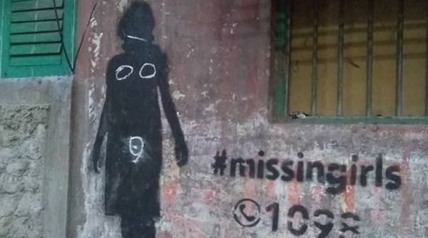 missing art project, missing girls stencil project, missing girls mural tarnished, kolkata missing art project, child trafficking, sex trafficking, sex salvery, viral news, indian express, kolkata news
