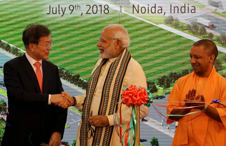 India-South Korea bilateral talks: PM Narendra Modi along with UP CM Yogi Adityanath and South Korea President Moon Jae-In. (Express Photo by Renuka Puri)