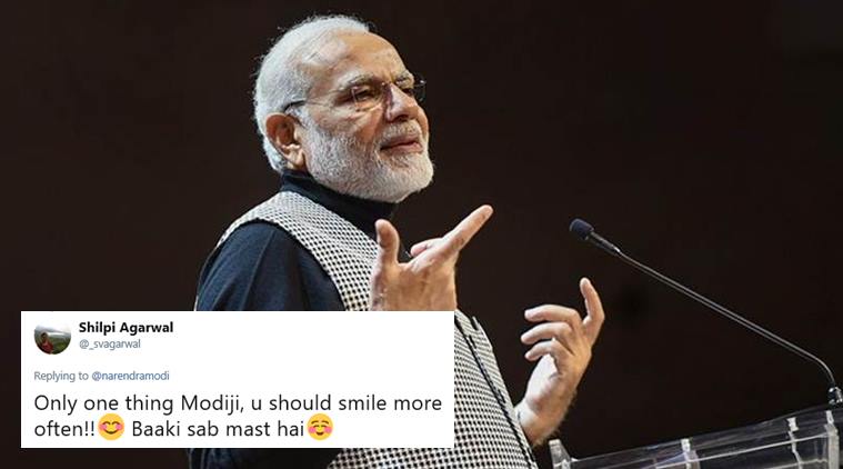 narendra modi, modi smile, modi twitter response, modi trust vote, modi no confidence motion, modi smile often tweet, indian express, india news, social media news