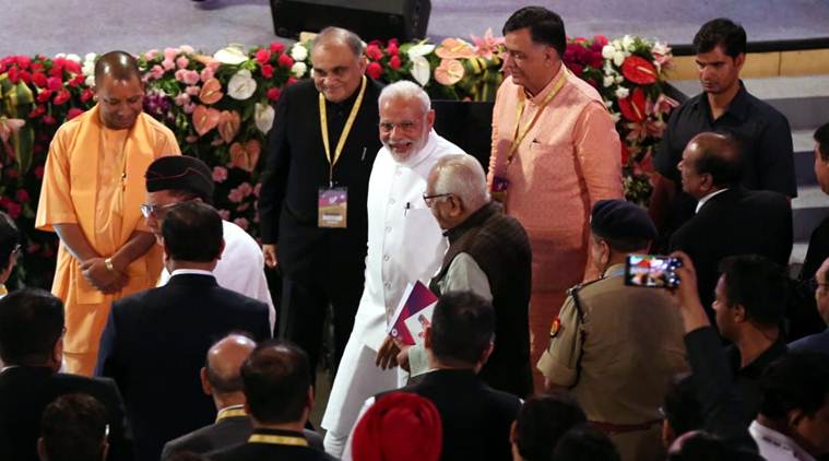 Eighty industrialists, including major firms such as Birla, Reliance, and Adani attended the ceremony alongside Chief Minister Yogi Adityanath and Union Home Minister Rajnath Singh. (Express photo/Vishal Srivastav)
