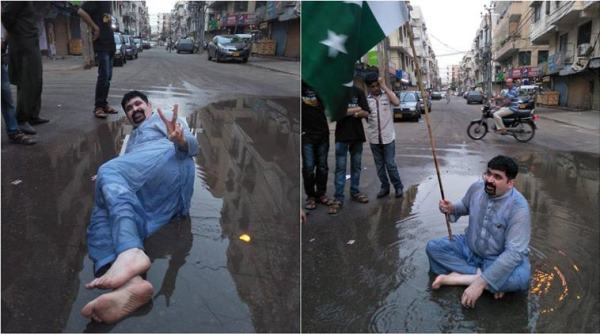 pakistan, karachi politics, pakistan election, karachi water crisis, unusual campaign, politician in sewage water, odd news, viral news