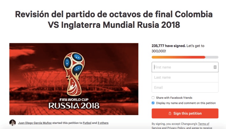 Petition on Change.org appealed for FIFA to replay the Colombia-England game at the World Cup