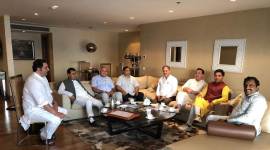 Ram Madhav-BJP-PDP-759 Ram Madhav with BJP leaders and Sajjad Lone