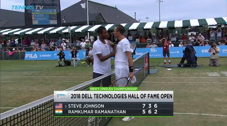 Ramkumar Ramanathan and Steve Johnson at the net following the Hall of Fame Open Final