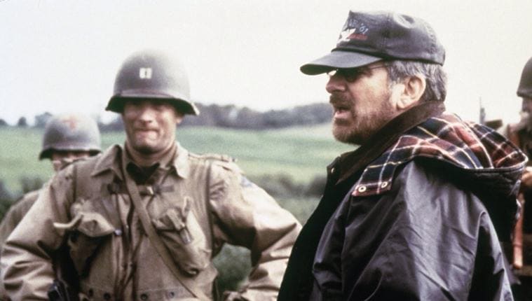 steven spielber and tom hanks during the shooting of saving private ryan