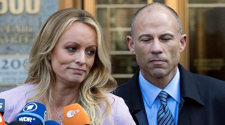 Adult film actress Stormy Daniels with her lawyer Michael Avenatti outside the federal court in New York. (AP/File)