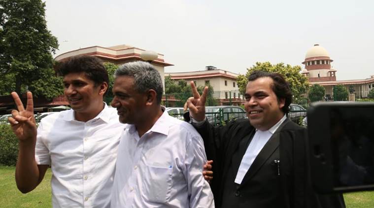 AAP MLA Saurabh Bhardwaj, Delhi CM's advisor Nagendra Sharma outside the Supreme Court