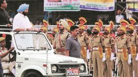Punjab Chief Minister Captain Amarinder Singh inspects the parade on 72nd Independence Day at Guru Nanak Dev Stadium in Ludhiana on Wednesday. (Express photo/Gurmeet Singh)